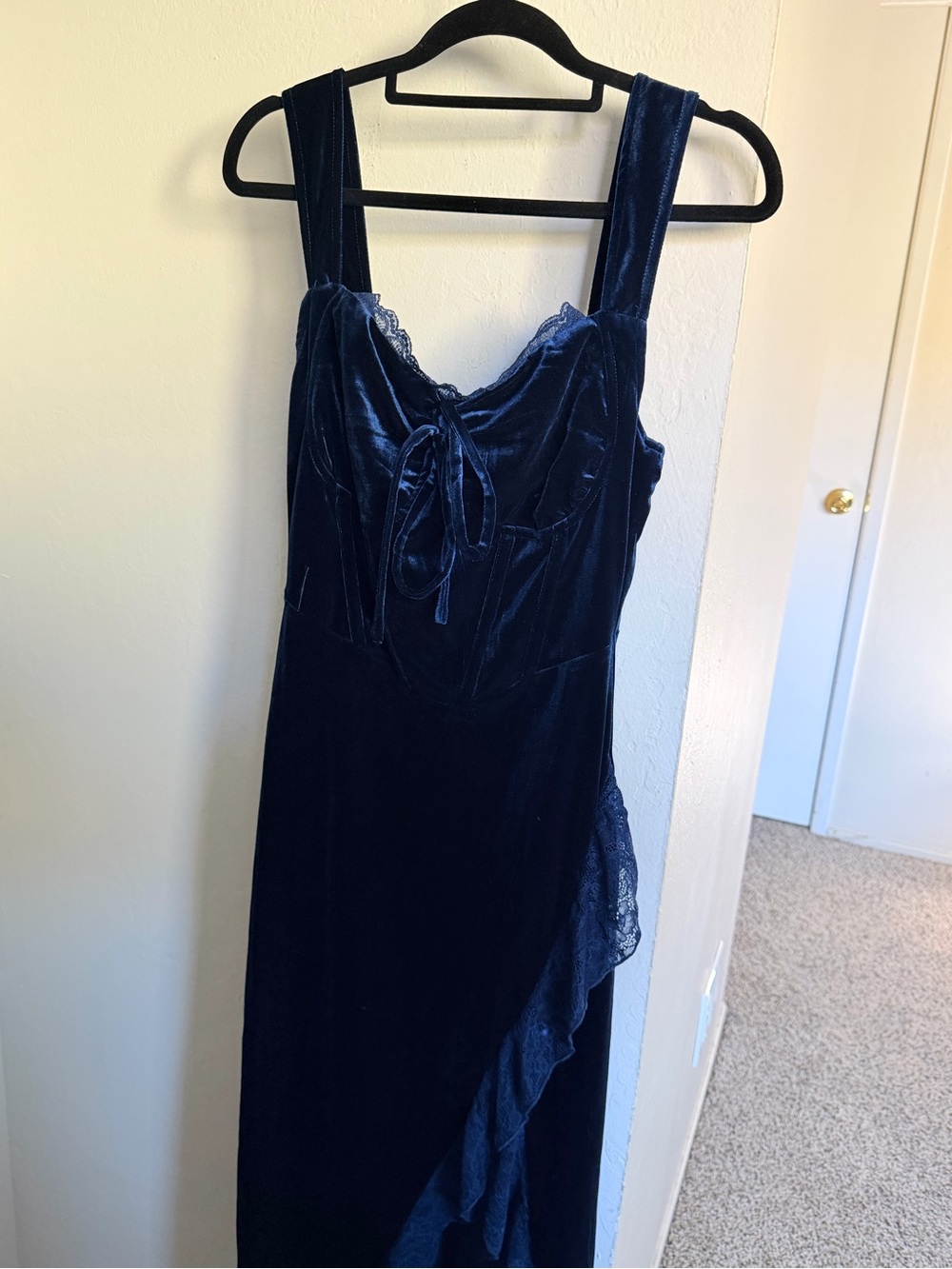 Women's Navy Velvet Lace-Trim Slip Dress